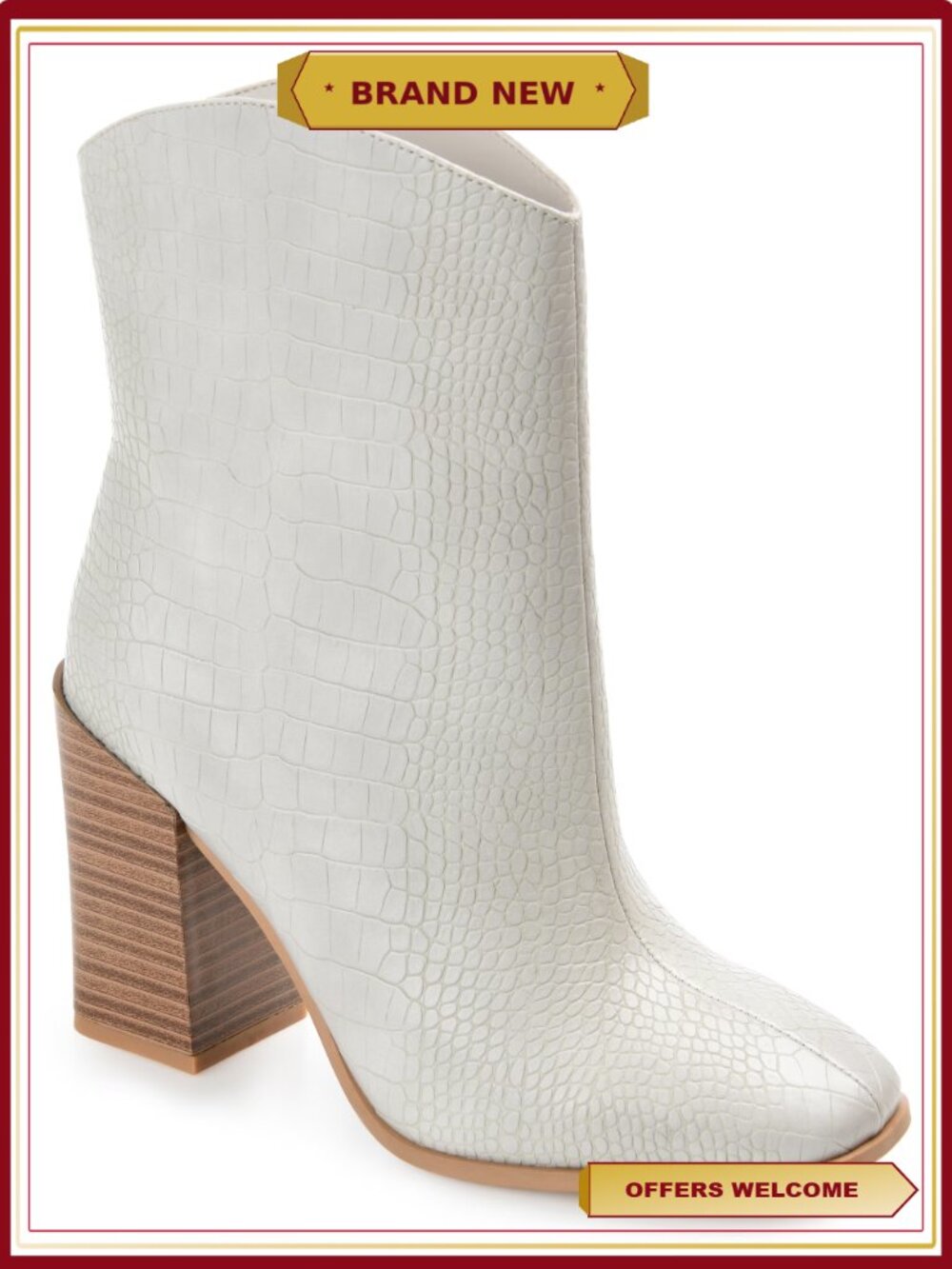 Journee Brekinn Pull On Stacked Heel Booties Square Toe Croc Textured Vegan